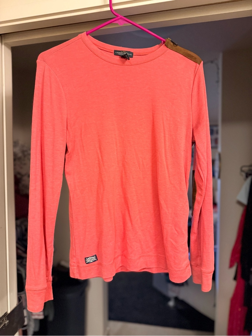 Ralph Lauren Coral Long-Sleeve Tee with Suede Shoulder Accent